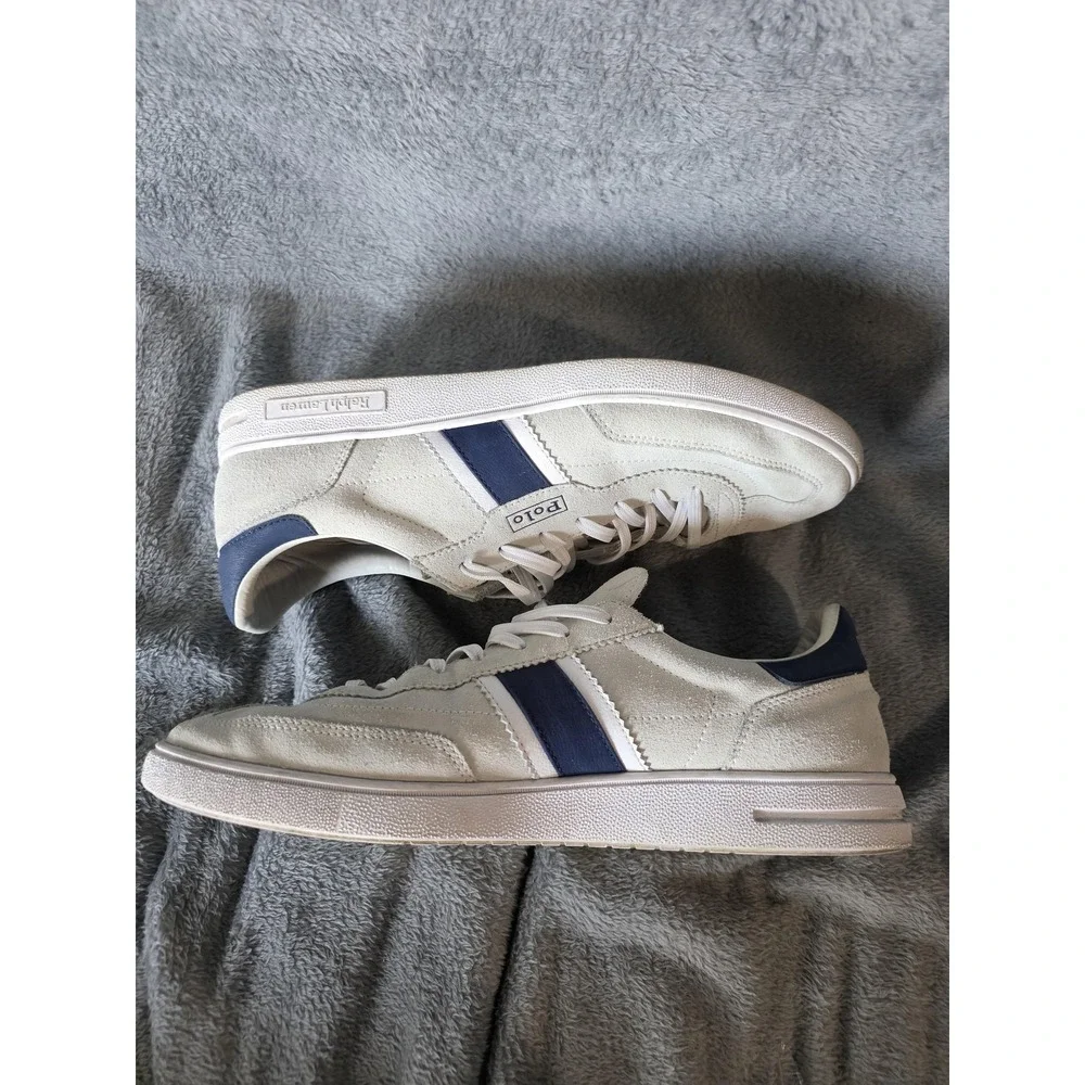 Polo Ralph Lauren Heritage Aera Mens 13 White Suede Navy Blue Sneakers